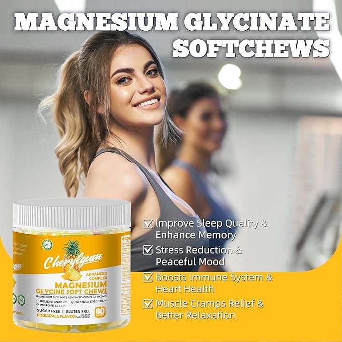 Magnesium Glycinate Soft Chews, Pineapple Flavor.Chewable Sugar Free Potassium Magnesium Chews with Magnesium Glycinate, Vitamin D, B6, and CoQ10 for Calm Support & Sleep for Adults, 60 Days Supply