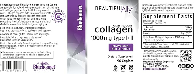 Bluebonnet Nutrition Beautiful Ally Collagen Caplets, Hydrolyzed Collagen from Grass Fed Cows, Collagen Peptides Type 1 & 3, Non GMO, Gluten Free, Soy Free, Milk Free, 90 caplets, 90 Day Supply