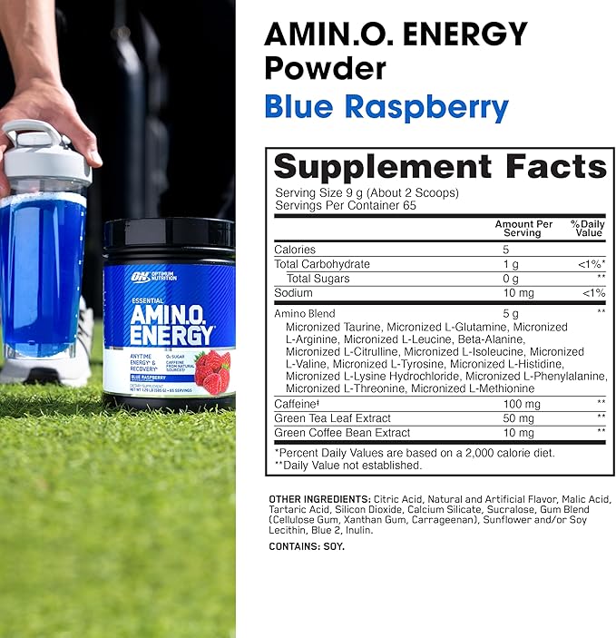 Optimum Nutrition Amino Energy - Pre Workout with Green Tea, BCAA, Amino Acids, Keto Friendly, Green Coffee Extract, Energy Powder - Blue Raspberry, 65 Servings (Packaging May Vary)