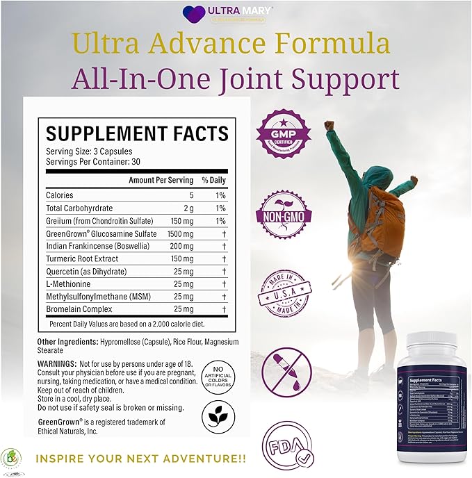 UltraMary+ Joint Support w/Glucosamine, Chondroitin, MSM, Turmeric & Boswellia – Mobility & Flexibility – 90 Capsules – Suplemento Articulaciones – Made in USA – Advanced Formula