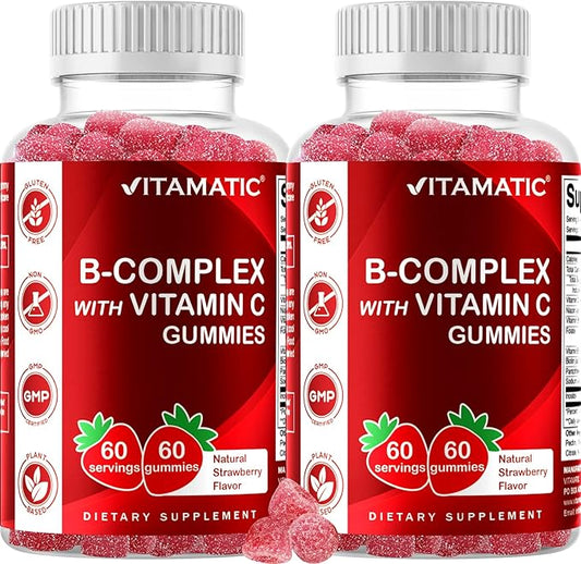 Vitamatic Vitamin B Complex Gummies with Vitamin C & Inositol - Natural Strawberry Flavor - 60 Gummies (2 Bottles)