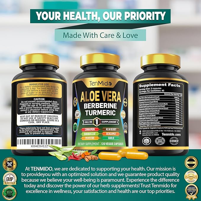 Aloe Vera Capsules Supplement - 12in1 Formula - Combine with Berberine, Turmeric, Ceylon Cinnamon, Banaba Leaf, Gymnema Sylvestre, Acai Berry, Bergamot, Garlic, and More - 120 Capsules
