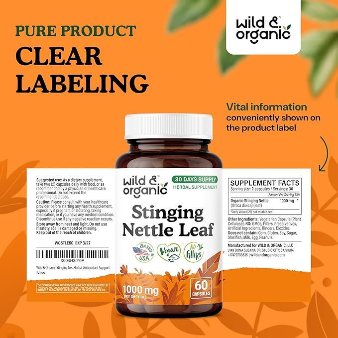 Wild & Organic Stinging Nettle Leaf Capsules - 1000 mg Stinging Nettle Extract for Urinary Support - 60 Vegan Herb Capsules - 30 Days Supply - Non-GMO, Gluten-Free, No Fillers
