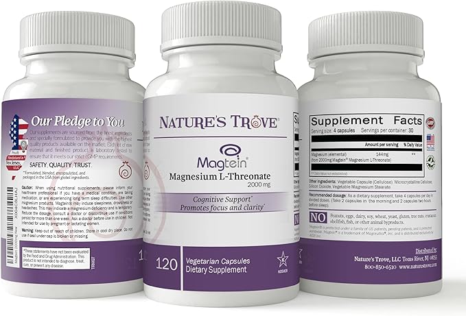 Magtein Magnesium L-Threonate Supplement – 2000 Mg L-Threonate Magnesium Supplement for Sleep, Calm, Memory, & Brain Fog – Non-GMO Magtein – 120 Vegetarian Capsules by Nature's Trove