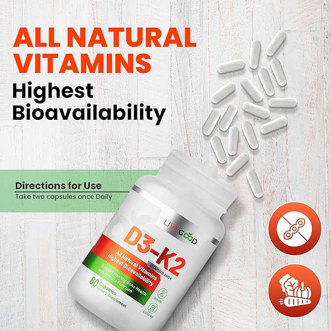 LIVEGOOD™ Vitamin D3 + K2 All Natural Bone, Muscle & Immune System Support, Vegan & Non-GMO, 60 Capsules
