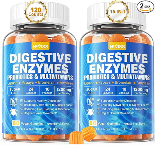 Digestive Enzymes with Probiotic Gummies, Multivitamins, Calcium, Magnesium - All 24 Essential Chewable Multi Enzymes - Papaya, Lipase, Amylase, Bromelain - Breaking Down Carbs, Proteins, Fats, 2Packs