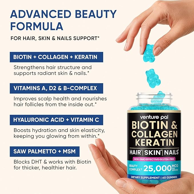 Venture Pal Biotin Gummies with Collagen & Keratin - Hair Growth Support Skin and Nail Strength Vitamins for Women & Men - Biotin 10000mcg | B-Complex | Saw Palmetto - Sugar Free, Non-GMO, 60ct