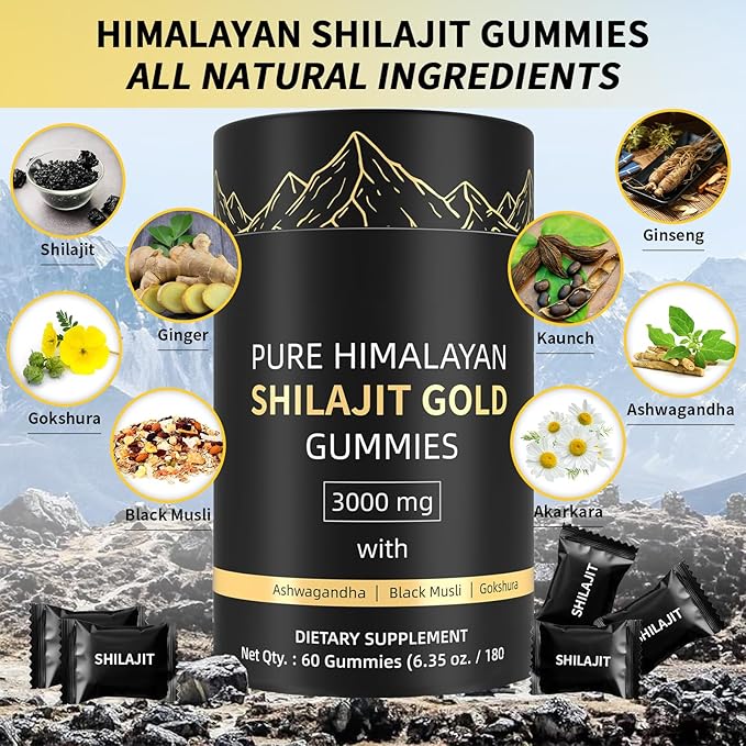 Shilajit Gummies, Pure Himalayan Shilajit Gummies Gold, No Added Sugar Non-GMO 100% Natural & Organic, Ashwagandha, Gokshura| Fulvic Acid & 85+ Trace Minerals for Men, Women | 60 Gummy