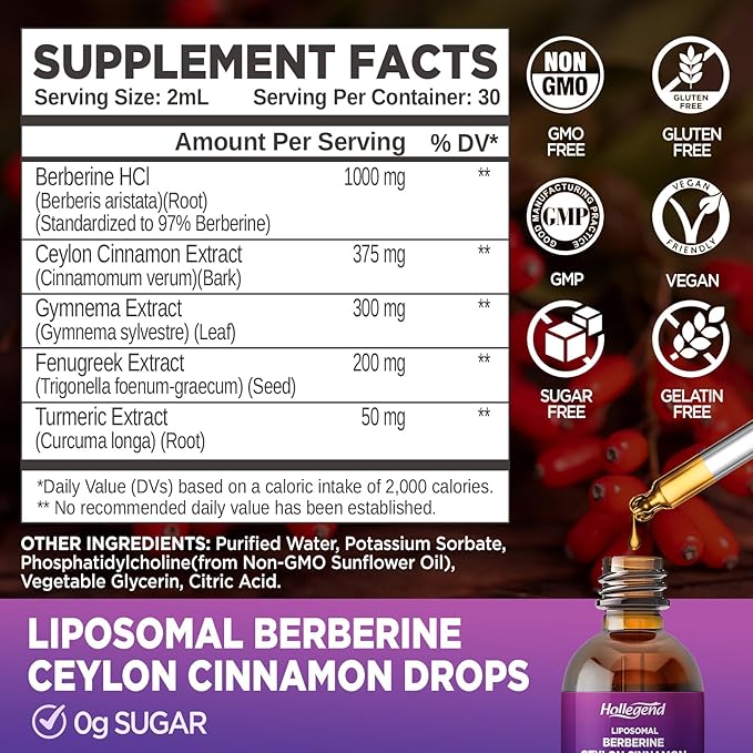 Liposomal Liquid Berberine Drops Sugar Free, Berberine Extract with Ceylon Cinnamon Supplement for Adults, Immune & Digestive Support, Natural Lemon Flavor, 2 FL OZ