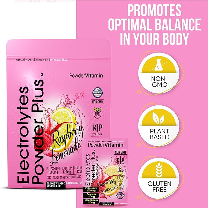 Electrolytes Powder Plus, Keto, Raspberry Lemonade, Sugar Free, Pink Himalayan Salt, 1000mg Potassium, 120mg Calcium, 120mg Magnesium, Non-GMO, Zero Calories, (16 Hydration Packets)