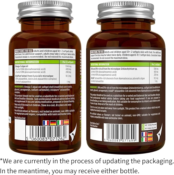 Igennus Vegan Omega-3 Natural Triglyceride Algae Oil, DHA & EPA Fatty Acid Supplement, 180 Small Softgels with Astaxanthin, Easy-to-Swallow, Pure & Sustainable, 90 Servings