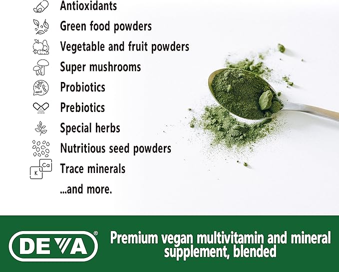 DEVA Tuba Prime Vegan Multivitamin Iron-Free - High-Potency Vitamin & Mineral Dietary Supplement - Antioxidants, Fruit & Vegetable Blend, Super Mushrooms, Probiotics, Prebiotics, Seeds, Herbs 90 Tabs