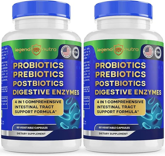 Probiotics + Prebiotics Postbiotics Digestive Enzymes = 4 in 1 Formula Supplement for Better Digestion Health Women, Men and Gut, 2-Pack, 120 Count