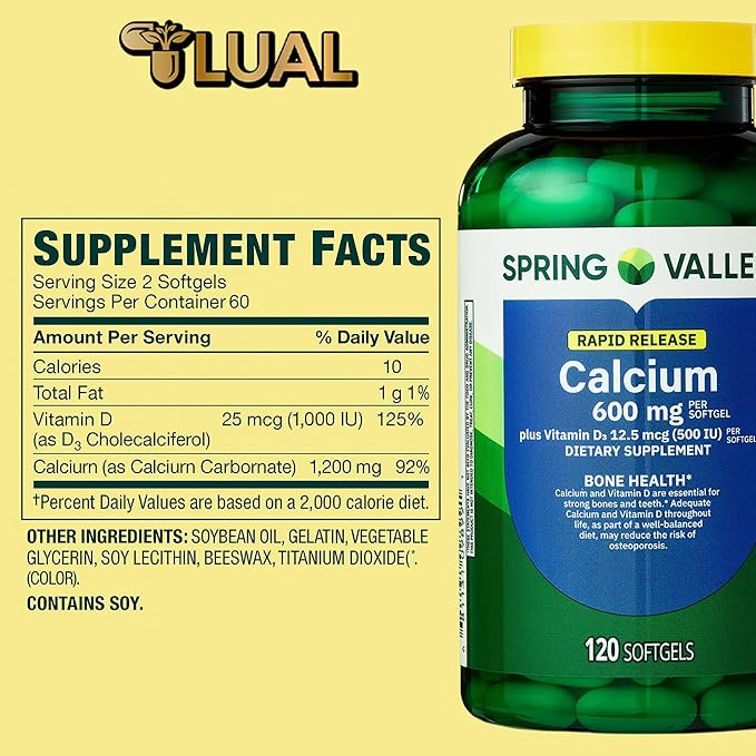 Spring Valley Calcium 600 mg + Vitamin D3, 120 Softgels | Bone Health, Strong Teeth & Osteoporosis Support | Rapid-Release Capsules, Gluten-Free Supplement Bundle with Luall's 45 Diabetes Decoded