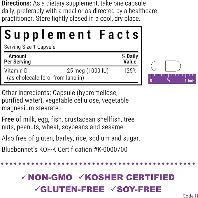 BlueBonnet Nutrition Vitamin D3 1000 IU, Aid in Muscle and Skeletal Growth, Cholecalciferol from Lanolin, Non GMO, Gluten Free, Soy Free, Milk Free, Kosher, 90 Vegetable Capsule, White