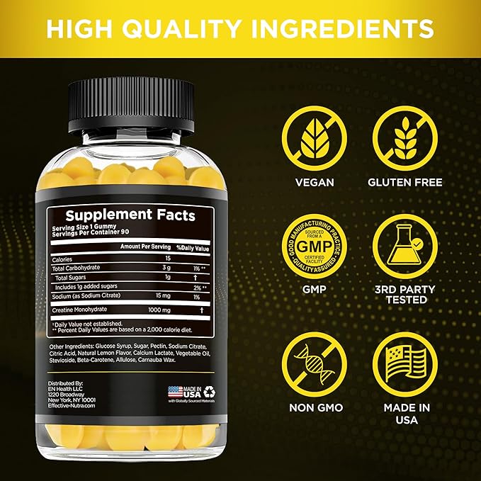 Creatine Monohydrate Gummies | 1g Per Gummy | Vegan Creatine Gummies Supplement for Men & Women | Strength, Muscle Growth, Energy, Endurance | Natural Lemon Flavor, Made in USA (90ct)