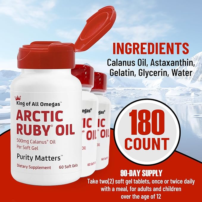 Arctic Ruby Oil - Omega 3 Supplement with Astaxanthin 2mg - Contains Essential Fatty Acids & Antioxidants - Supports Heart, Brain, Eye, Skin, Joint & Immune Health - 60 Softgels (3 Pack)
