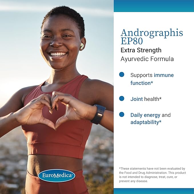 Euromedica Andrographis EP80 - Supplement for Brain Health & Immune Support - Joint Health Support Supplement to Aid Mobility - Vegan Adaptogen Supplement for Energy & Liver Support - 60 Capsules