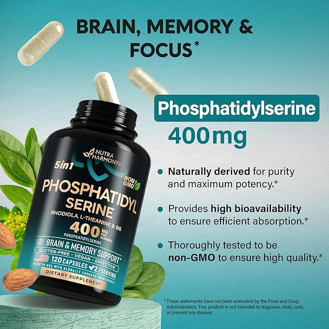Phosphatidylserine 400 mg with L-Theanine, Magnesium & Vitamin B6, Rhodiola Rosea - Brain, Memory & Focus Support - Certified NON-GMO, Naturally Derived & Bioavailable - Made in USA - 120 Сapsules