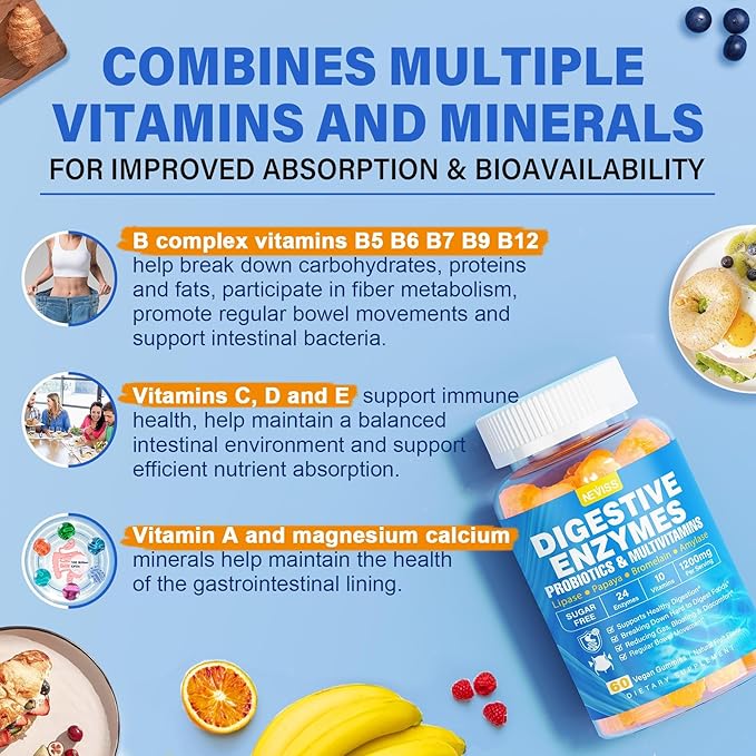Digestive Enzymes with Probiotic Gummies, Multivitamins, Calcium, Magnesium - All 24 Essential Chewable Multi Enzymes - Papaya, Lipase, Amylase, Bromelain - Breaking Down Carbs, Proteins, Fats, 2Packs