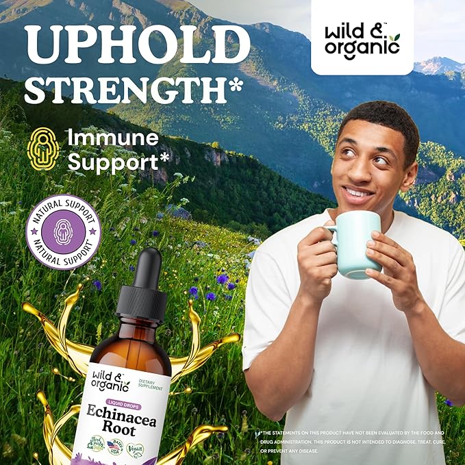 Wild & Organic Echinacea Tincture - Immune Support Drops with Liquid Echinacea Root Extract - Angustifolia Supplements - Vegan, Sugar & Alcohol-Free - 2 fl oz