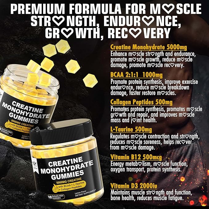 Creatine Monohydrate Gummies for Men & Women - with BCAA, Collagen Peptides, L-Taurine, Vitamin B12, D3, Creatine Monohydrate 5000mg (5g) Per Serving, Lemon Flavor, Sugar Free, 1 Pack