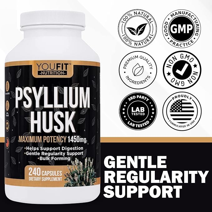 PSYLLIUM Husk Capsules - Premium Psyllium Fiber Supplement - Promotes Intestinal Health and Regularity - 100% Natural Soluble Fiber 1450mg Per Serving - 240 Capsules