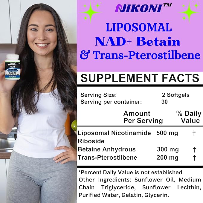 Liposomal NAD+ 2000 mg with TMG and Pterostilbene, Supports Healthy Aging-60 Softgels