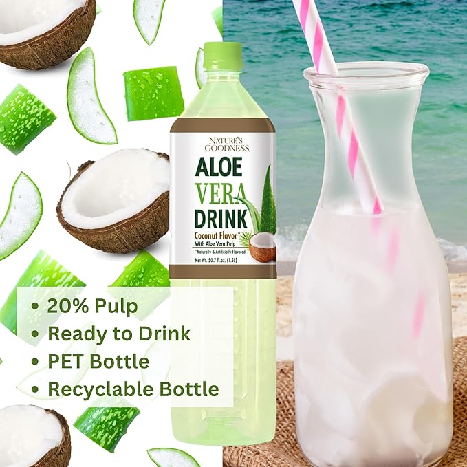 Nature's Goodness Aloe Vera Drink with Pulp Coconut Flavor - 50.7 Fl Oz (1.5 L) - Refreshing Beverage with Real Aloe Vera Juice