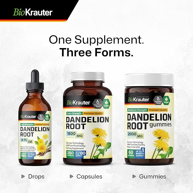BIO KRAUTER Dandelion Root Supplement - 1800 mg Strength - 250 Count - Dandelion Root Capsules - Vegan Capsules for Liver Support & Immunity