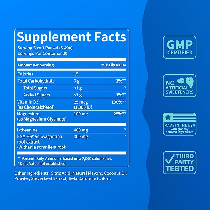 Supercalm Drink Mix - Ashwagandha KSM 66, Magnesium Glycinate & L-Theanine Supplement - Ashwagandha Root Extract - Focus and Relaxation Support (20 Travel Packets) - Passion Colada