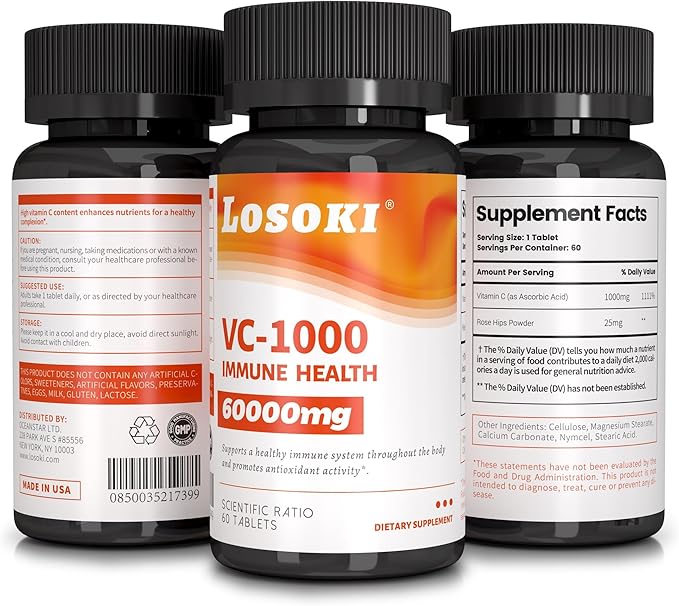 VC 1000 - High-Dose Vitamin C Supplements for Immune Support & Antioxidant Protection - Buffered Formula with Rose HIPS Powder - 60 Tablet