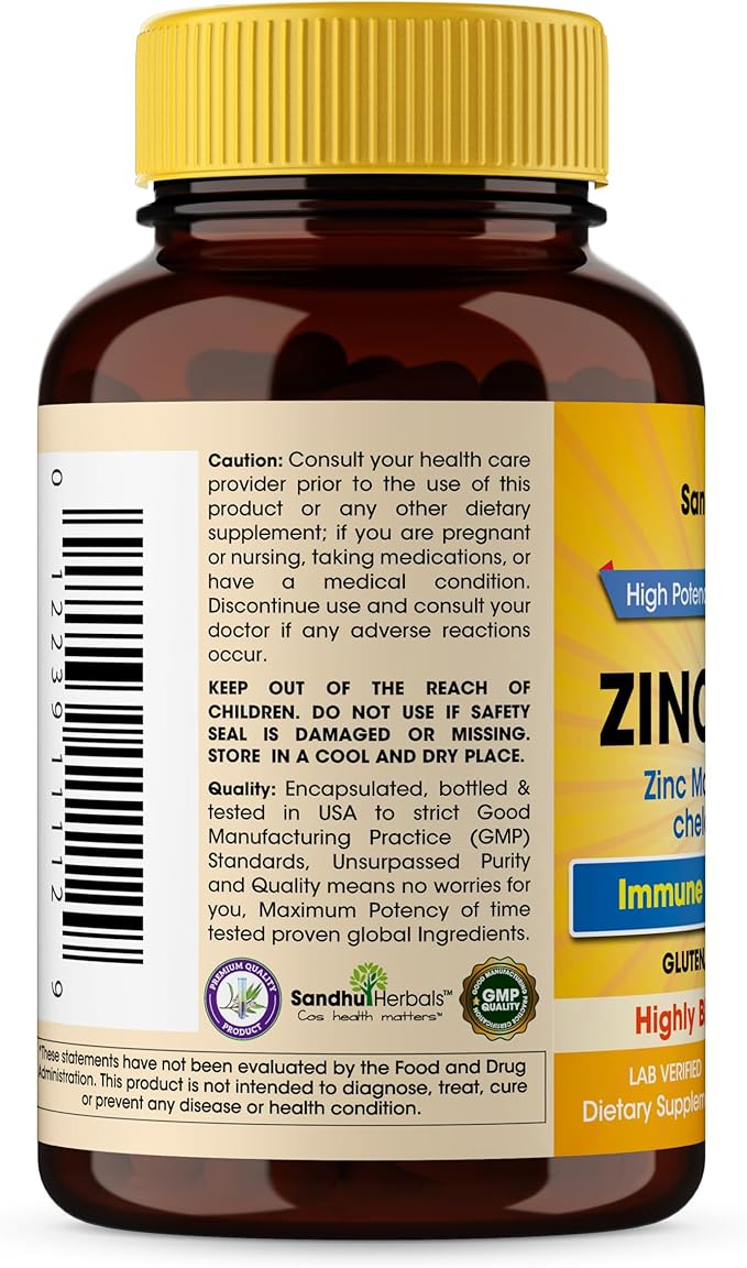 Sandhu Herbals Zinc 30mg Supplement for Men & Women| High Absorption Zinc Monomethionine Complex 120 Capsules| Zinc Supplements for Immune, Acne & Antioxidant Support| Vegetarian, Made in The USA