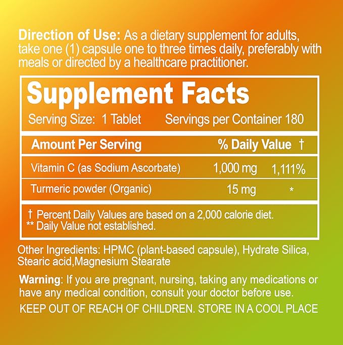 Buffered Vitamin C 1000 mg with Organic Turmeric - Antioxidant & Immune Support - Healthy Skin & Joints - Gluten & Dairy Free - 180 Vegan Capsules, 180 Day Supply