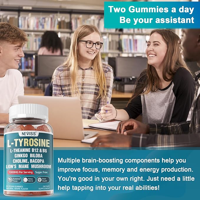 Sugar Free L-Tyrosine Focus Gummies L-Theanine Vitamin B12 & B6, Brain Herbs w/Lion's Mane Mushroom, Ginkgo Biloba, Bacopa Monnieri, Choline - Brain Supplements for Memoery, Nootropic, Energy, 2Packs