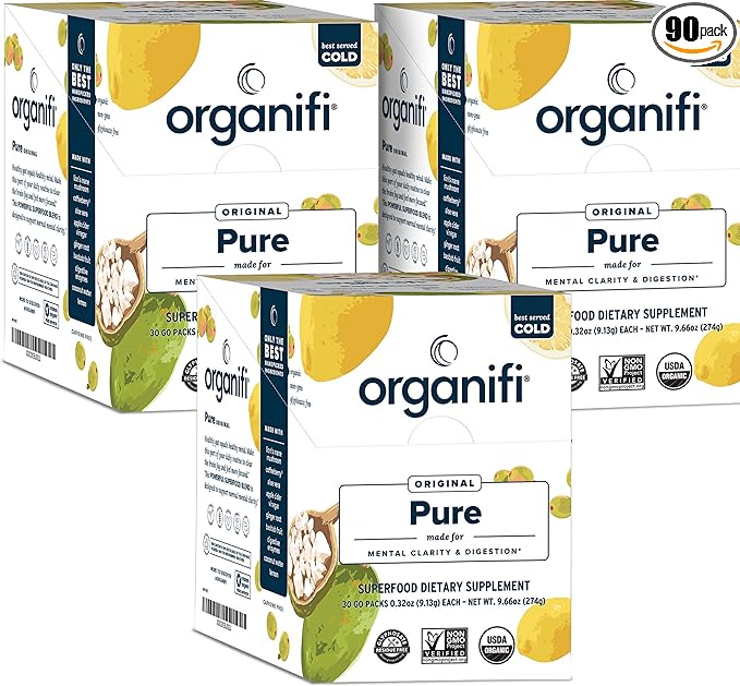 Organifi: Pure Smart Packs - Organic Brain and Immunity Support - Revitalizes Daily Mental Focus - Lemon Flavor, 3 Pack