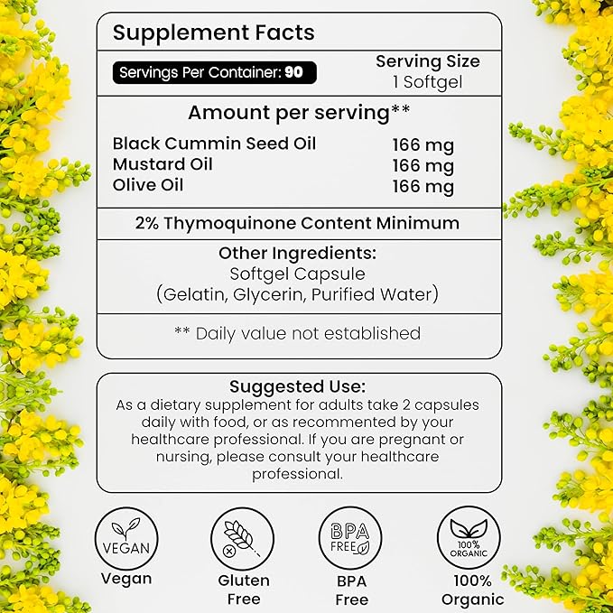 Black Seed, Mustard and Olive Softgels Capsules - 90 - Count - Blended with Other Herbal Products-Supports Overall Health welness and Immunity.