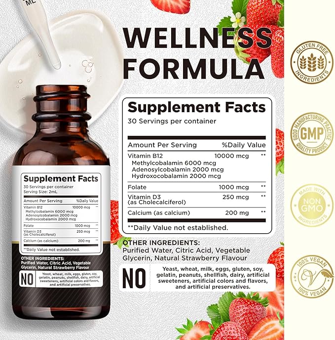 Vitamin B12 Liquid Drops Sublingual 10000 mcg, Triple B-12 Complex Supplement, Methyl & Methylcobalamin Blend for Women & Men, Mood & Energy Booster, Methylated B 12 for Metabolism & Health Support