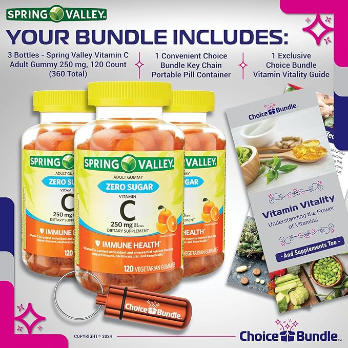 Spring Valley Zero Sugar Vitamin C Gummies Dietary Supplement 250 mg 120 Ct 3 pk (360 Total) + Vitamin Guide & Pill Container (5 Items)!