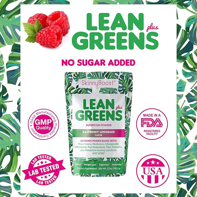 SkinnyBoost - Lean Greens & Super Food Powder - Ultimate Power Blend with Green Tea, Mushroom Blend, Ashwagandha, Spirulina Algae & Wholefoods - Natural Detox & Clean Energy - 30 Servings -12 Oz