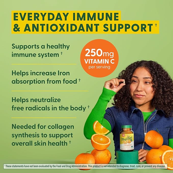 MegaFood Complex C - Vegan Immune Support Supplement with Vitamin C 250 mg, Made with Real Food Including Orange, Cranberry & Brown Rice, Gluten-Free, Kosher - 180 Tablets, 180 Servings
