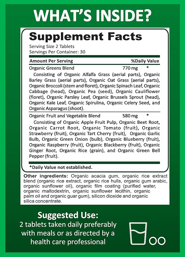 Potent Garden Organic Superfood Greens, Fruit and Veggies Supplement Rich in Vitamins & Antioxidants with Alfalfa, Beet Root & Tart Cherry to Boost Energy, Immunity & Gut Health, Greens Tablets 60 Ct