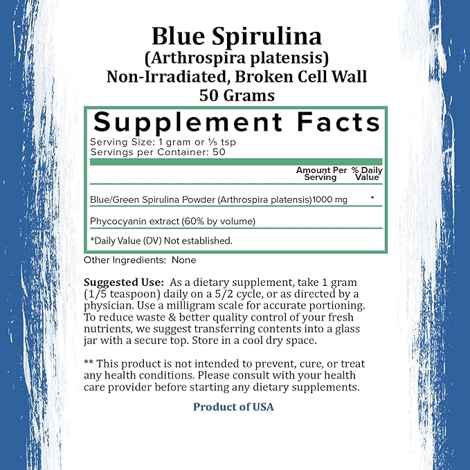 HOLISTIC BIN Blue Spirulina Powder - Organic Blue-Green Algae Supplement, Rich Source of Vegan Protein, Vitamins, & Phytonutrients, Ideal for Smoothies, Baked Goods, & Natural Food Coloring - 50 Grams