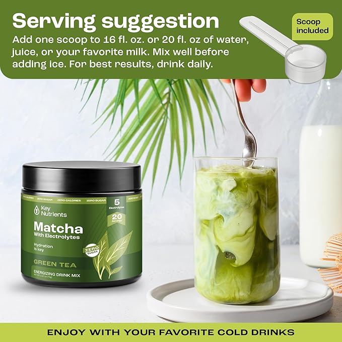 KEY NUTRIENTS Matcha Powder - Unsweetened Matcha Powder with Electrolytes for Hydration and Energy - Green Tea - No Sugar - Made in USA, 20 Servings