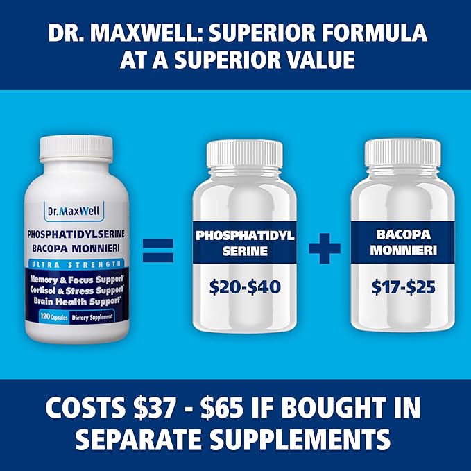 Phosphatidylserine & Bacopa Monnieri, Better Than Each Alone. Phosphatidylserine Supplement 300mg, No Fillers, Soy Free, 2in1, 120 Capsules. Memory Support