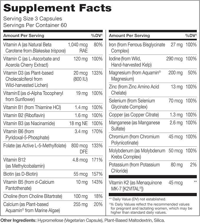 NATURELO Prenatal Multivitamin with Gentle Chelated Iron, Methyl Folate, Plant Calcium & Choline - Vegan, Vegetarian - Non-GMO - Gluten Free - 180 Capsules - 4 Month Supply (Pack of 2)