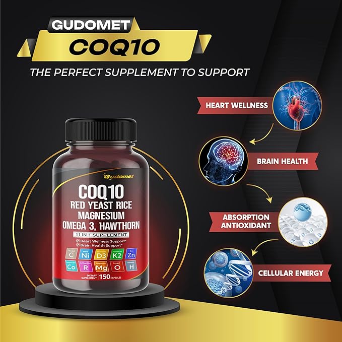 Coenzyme Q10 (Ubiquinone) Red Yeast Rice Hawthorn Omega 3 Vitamin C Niacin Zinc Vitamin K2-150 Capsules- Made in USA
