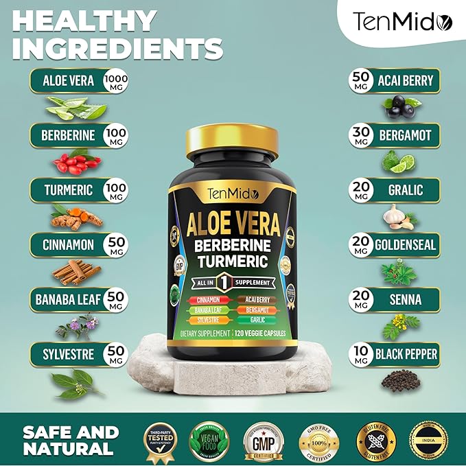 Aloe Vera Capsules Supplement - 12in1 Formula - Combine with Berberine, Turmeric, Ceylon Cinnamon, Banaba Leaf, Gymnema Sylvestre, Acai Berry, Bergamot, Garlic, and More - 120 Capsules