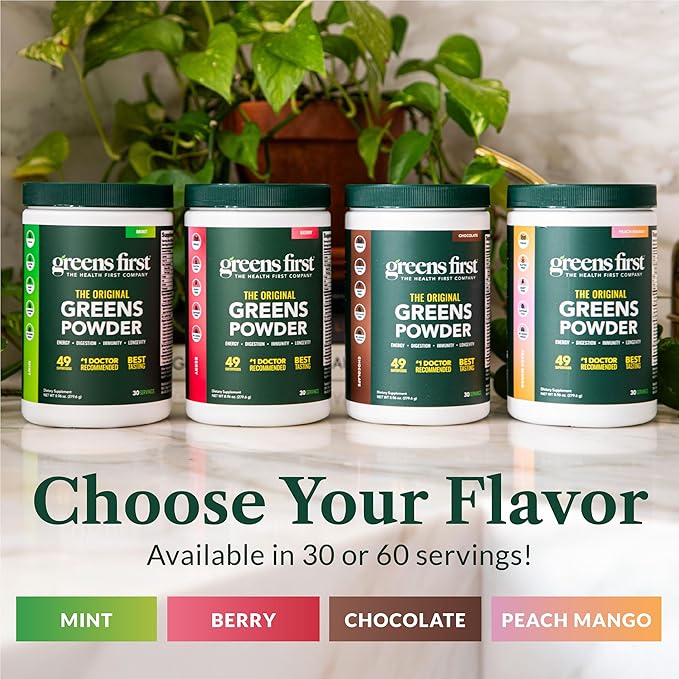 Greens First Original Greens Powder - 49 Superfoods - Organic Fruits & Veggies - Prebiotics, Probiotics & Digestive Enzymes - Antioxidant Smoothie - Dairy Free, Vegan & Non-GMO (Berry, 30 Servings)