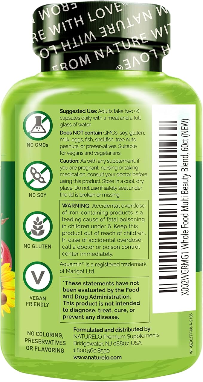NATURELO Whole Food Multivitamin with Extra Hair, Skin & Nails Support - Beauty Blend with Hyaluronic Acid & Grape Seed - High Potency Biotin, Vitamin C, & Glutathione, 60 Vegan Capsules (Pack of 2)